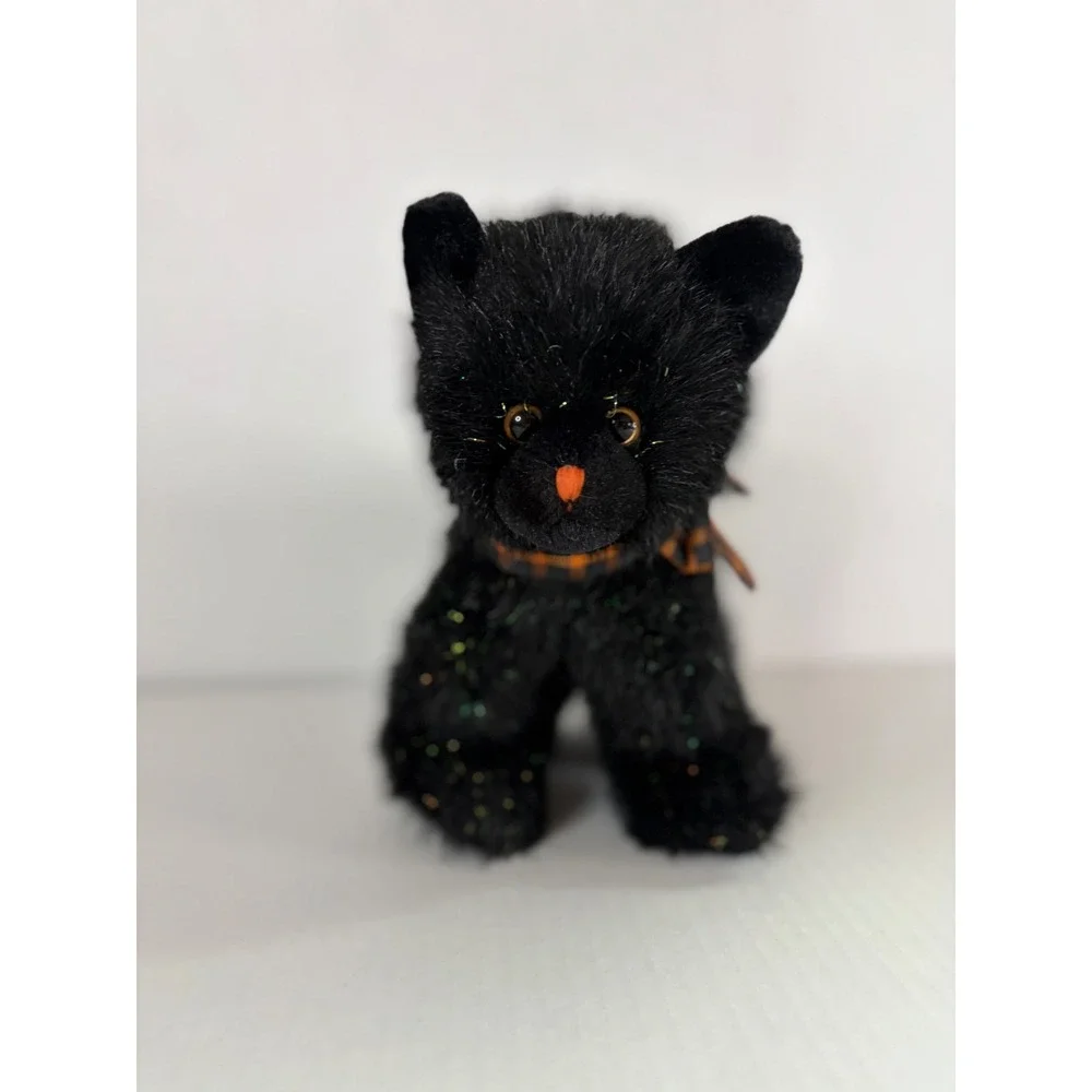 Russ Berrie Burnside Black Cat Plush Halloween Tinsel Bow Stuffed Animal 7